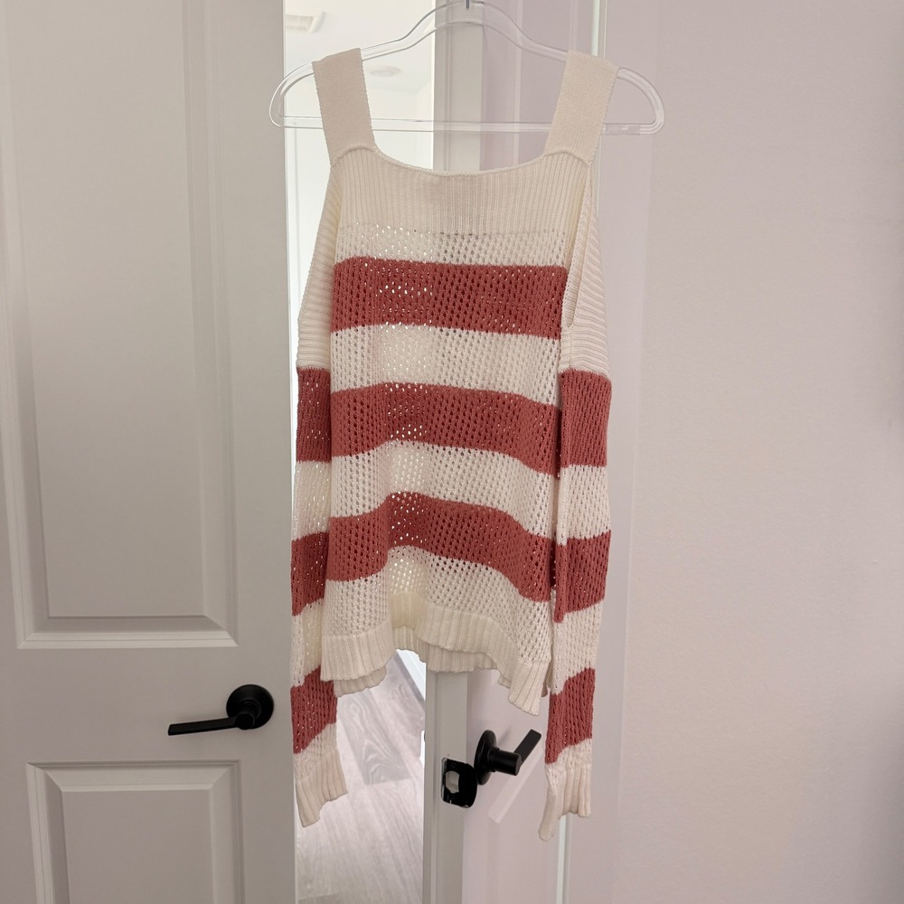 Jayne An Ageless Adventure Cotton Striped Cold Shoulder Knit Sweater Pink Cream